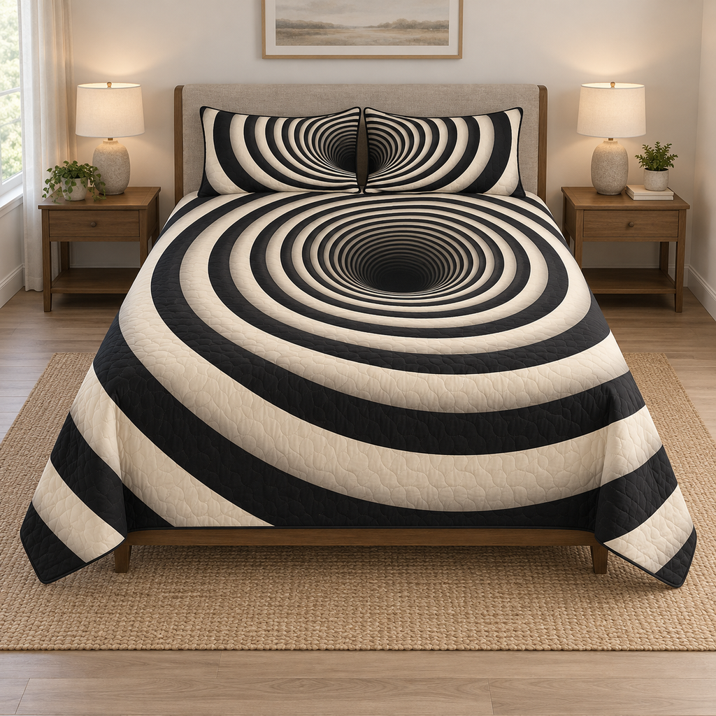 Full quilt and two matching shams with black and ivory concentric circle tunnel illusion flat printed on cloth