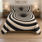 Full quilt and two matching shams with black and ivory concentric circle tunnel illusion flat printed on cloth