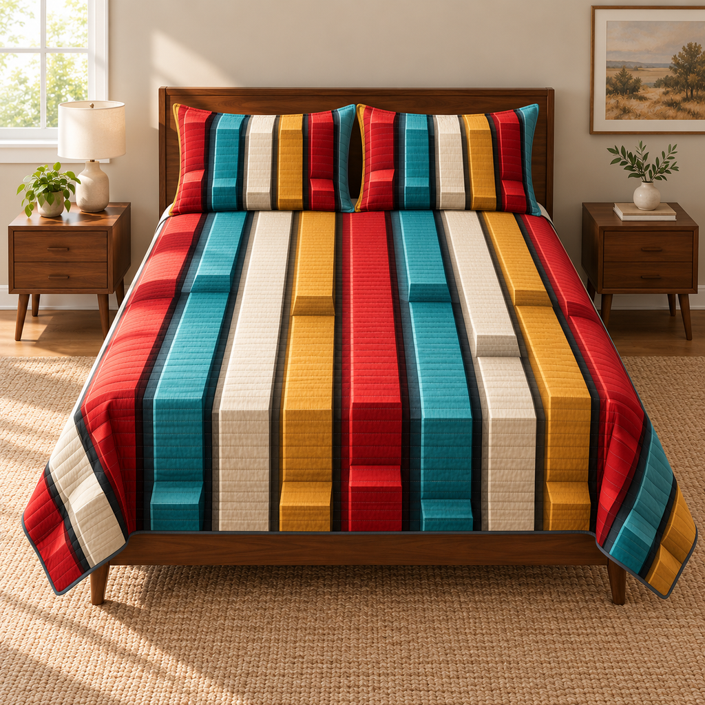 Thin quilt and two matching shams with straight retro stripes and flat printed bevel channels