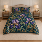 Full thin quilt and two matching shams with violet irises, teal leaves and gold-toned whiplash vines, flat printed optical depth