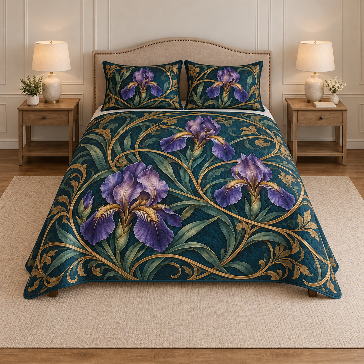 Full thin quilt and two matching shams with violet irises, teal leaves and gold-toned whiplash vines, flat printed optical depth
