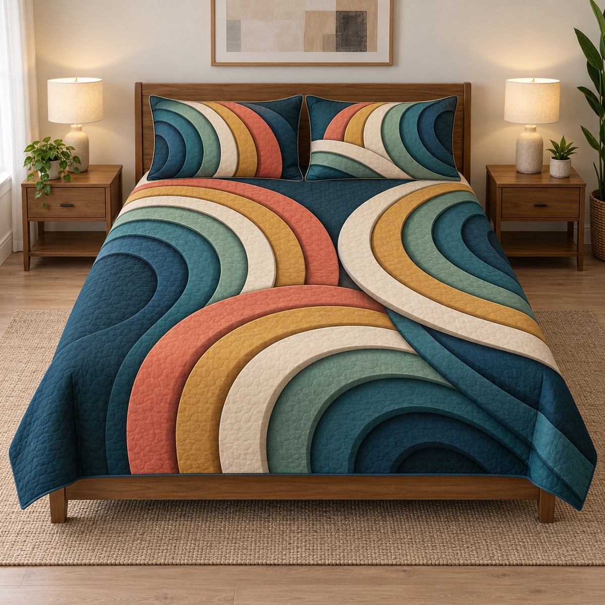 Full thin quilt and two shams with interleaved multicolor arc bands and recessed channels, flat printed optical depth