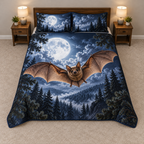 Full thin quilt and two forest-moon shams with one brown bat gliding across pale full moon, flat printed optical depth