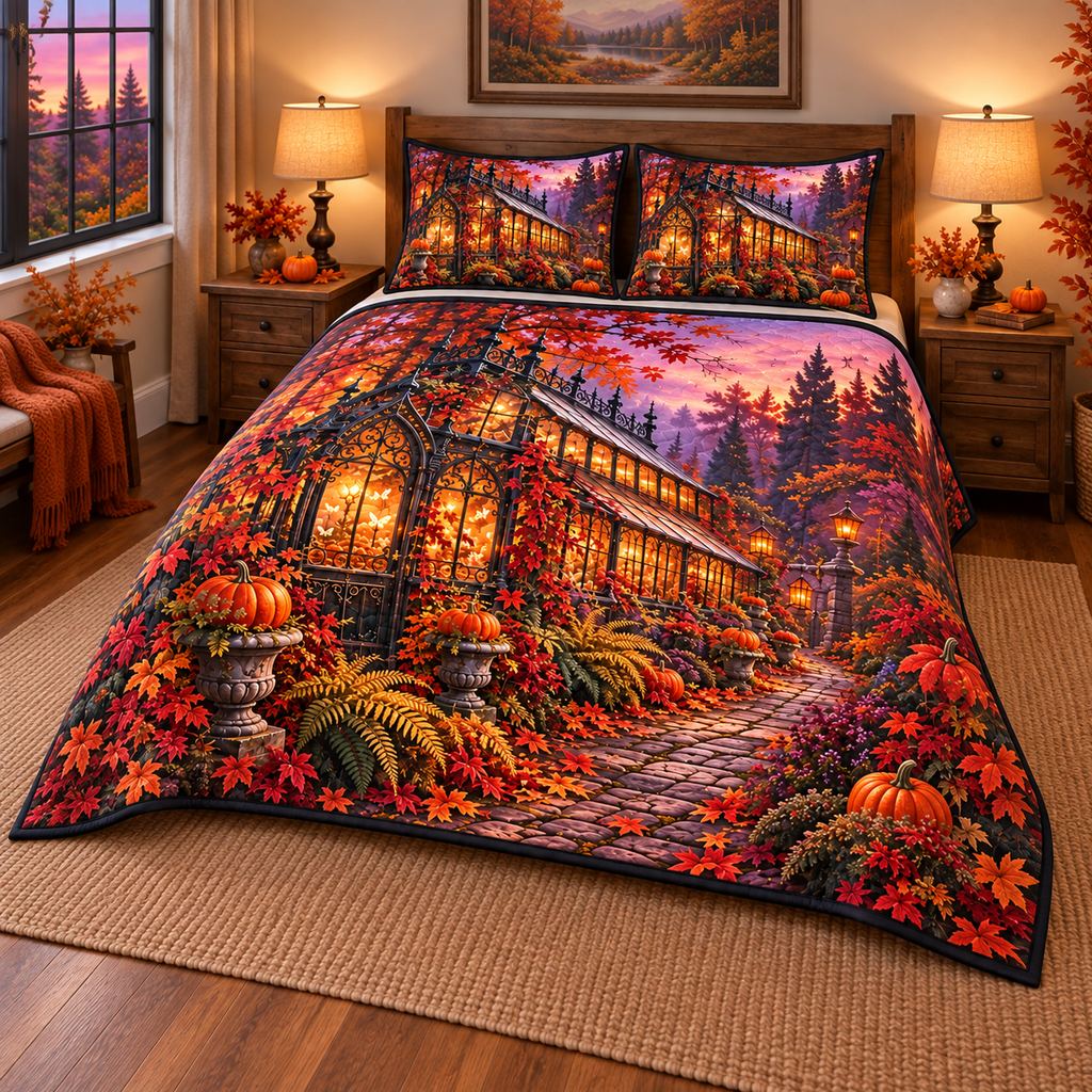 Amber Haunted Greenhouse Quilted Bedding Set. Flat printed amber glasshouse, autumn vines and cobbled garden path.