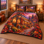 Amber Haunted Greenhouse Quilted Bedding Set. Flat printed amber glasshouse, autumn vines and cobbled garden path.