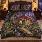 Mushroom witch cottage and twilight woodland stream, flat printed on one quilt and two matching shams in a warm cottage bedroom.