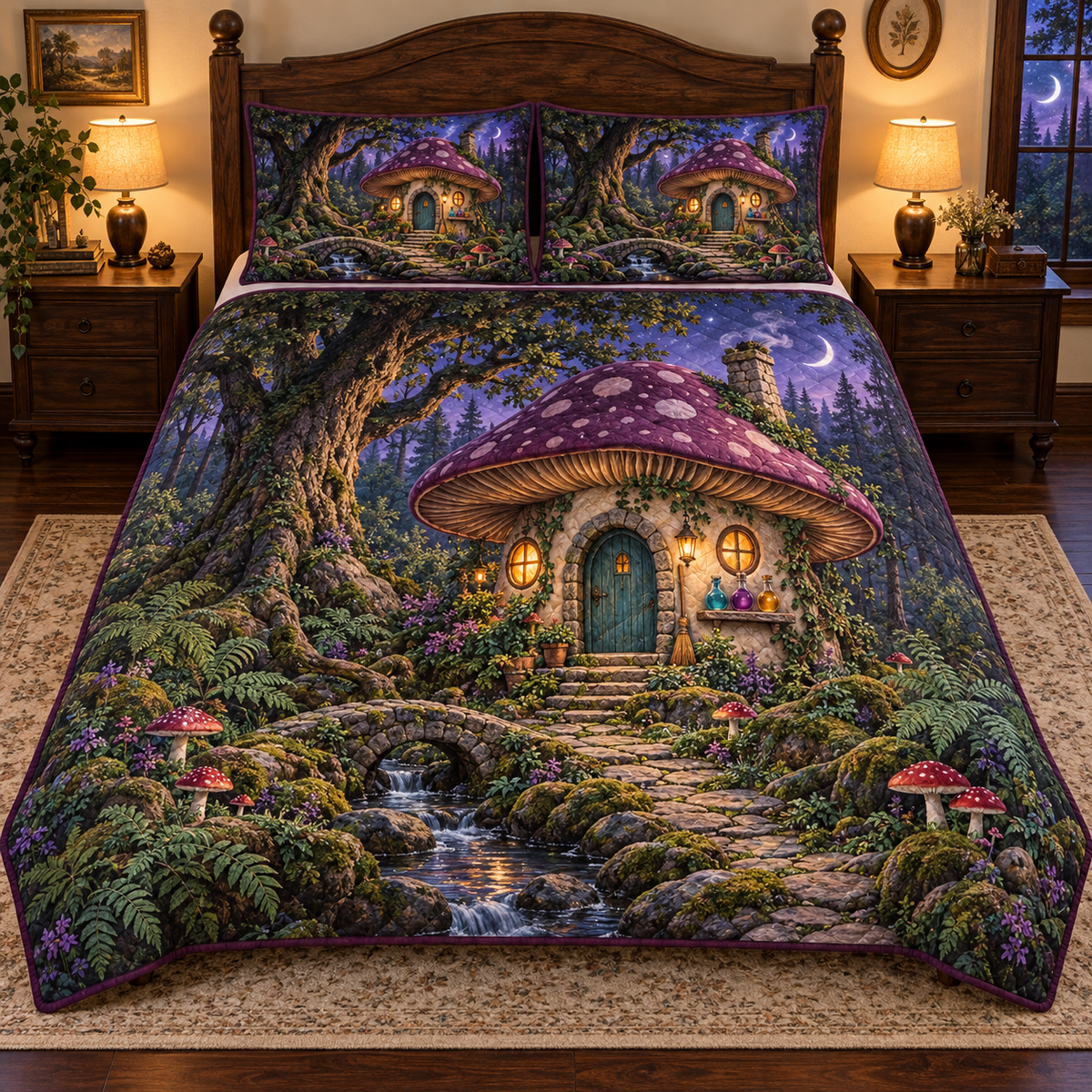 Mushroom witch cottage and twilight woodland stream, flat printed on one quilt and two matching shams in a warm cottage bedroom.