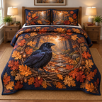 Raven Autumn Oak Wreath Quilted Bedding Set with flat printed raven, copper oak leaves and misty woodland path.