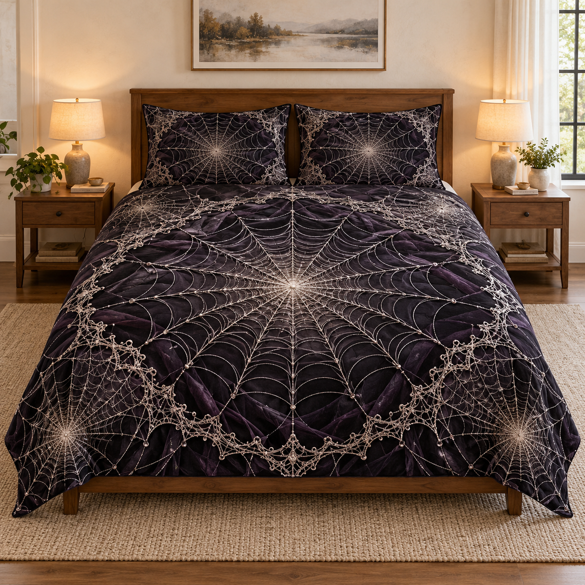 Full thin quilt and two shams with silver radial orb webs and lace-like scalloped border over midnight plum, flat printed optical depth