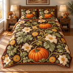 Pumpkin Blossom Vine 3-Piece Quilted Bedding Set. Flat printed optical depth; one quilt and two shams.