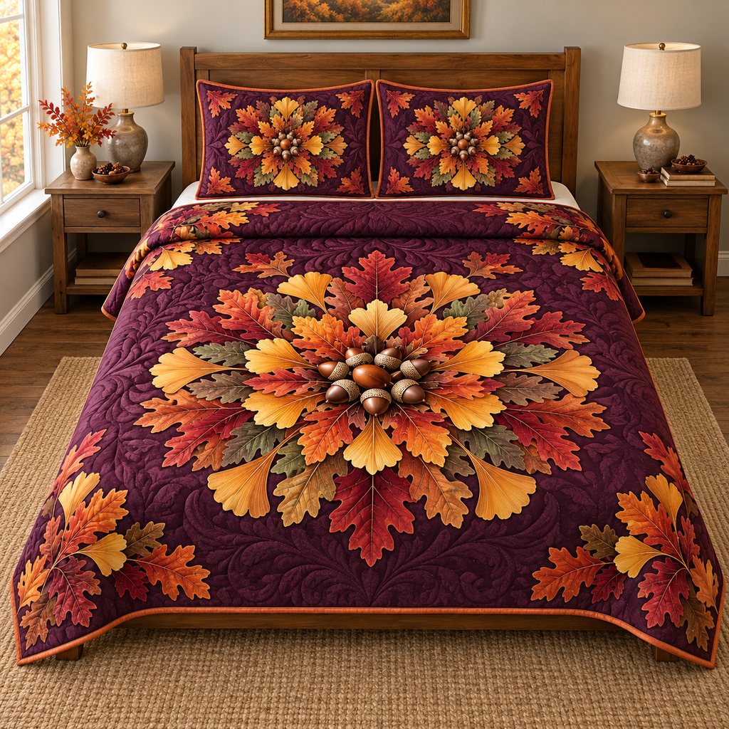 Autumn Leaf Acorn Mandala 3-Piece Quilted Bedding Set. Flat printed artwork on one quilt and two shams.