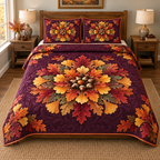 Autumn Leaf Acorn Mandala 3-Piece Quilted Bedding Set. Flat printed artwork on one quilt and two shams.