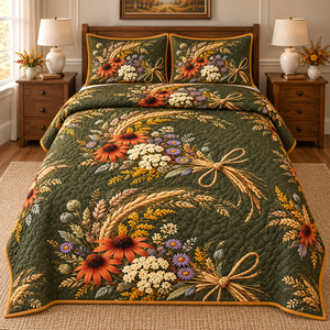 Harvest Wildflower Sheaves 3-Piece Quilted Bedding Set