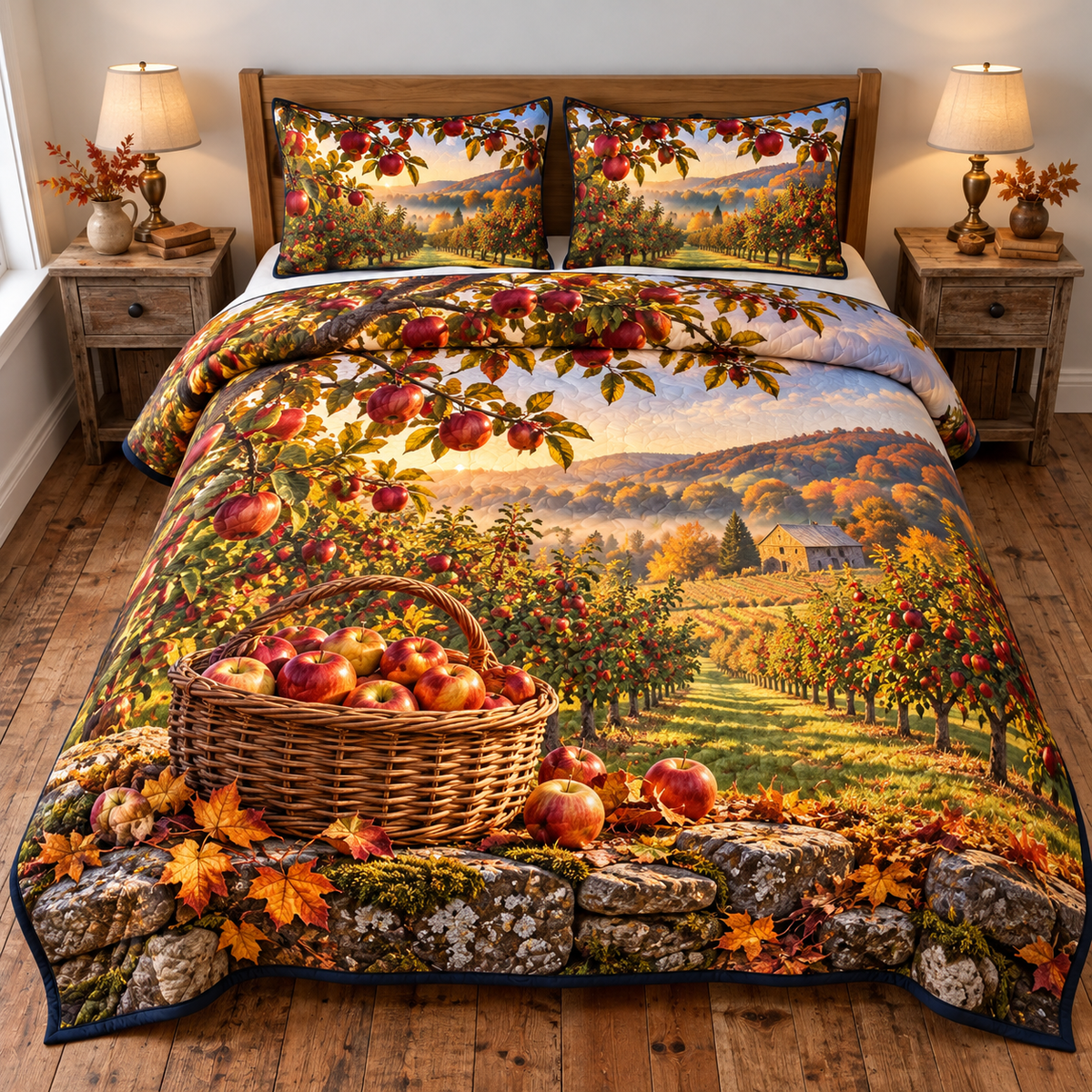 Golden Apple Orchard Harvest Quilted Bedding Set. Flat printed apple basket, stone wall and receding autumn orchard.