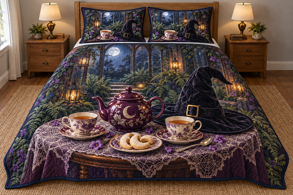 Midnight Witch Hat Tea Party Quilted Bedding Set with flat printed plum teapot, ivory cups and black witch hat before a layered moonlit conservatory.