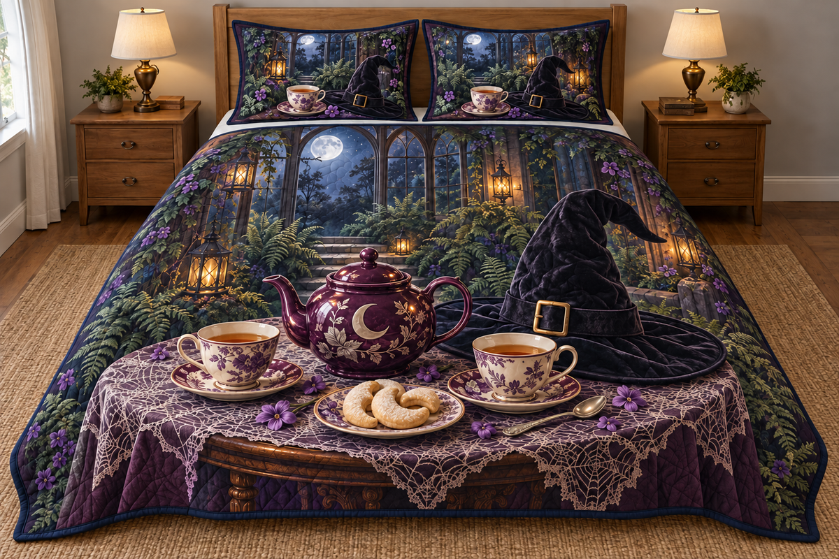 Midnight Witch Hat Tea Party Quilted Bedding Set with flat printed plum teapot, ivory cups and black witch hat before a layered moonlit conservatory.
