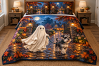 Ghost and Schnauzer Lantern Walk Quilted Bedding Set with flat printed friendly ghost walking a schnauzer on a leash through a layered lantern garden lane.