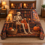 Full thin quilt and two study-scene shams with one skeleton knitting orange scarf in rocking chair, flat printed depth