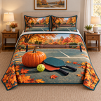 Pumpkin Pickleball Autumn Court Quilted Bedding Set with flat printed pumpkin, two paddles and a perforated yellow ball on a layered autumn court.