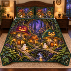 Three mushroom houses with glowing jack-o-lantern cap faces and two friendly ghost villagers in a deep dusk forest village, flat printed on one quilt and two matching pillow shams.