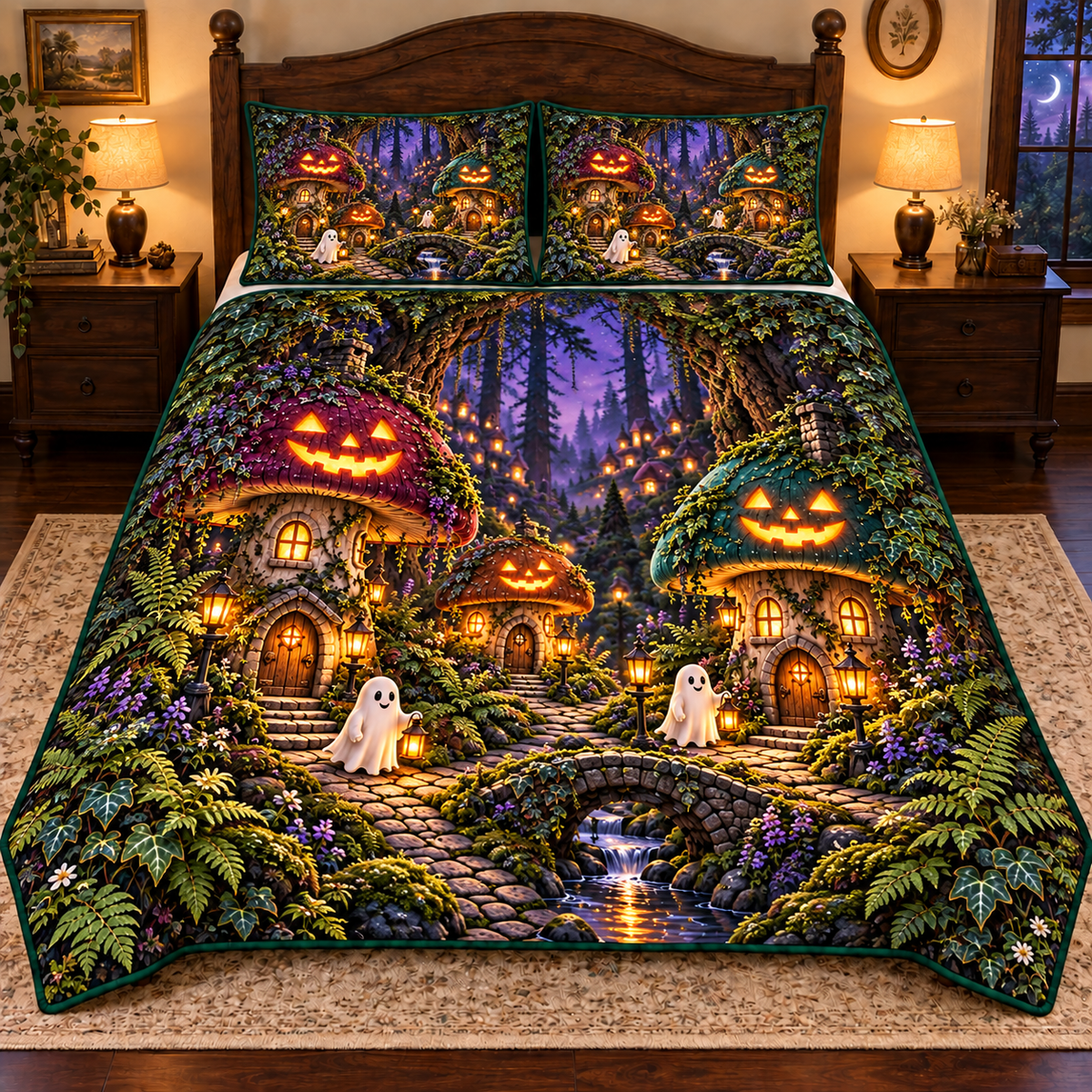 Three mushroom houses with glowing jack-o-lantern cap faces and two friendly ghost villagers in a deep dusk forest village, flat printed on one quilt and two matching pillow shams.
