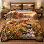 Fox Leap Autumn Meadow Quilted Bedding Set with flat printed red fox jumping across a flower-lined brook.