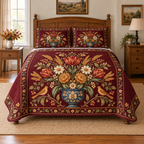 Folk Harvest Urn 3-Piece Quilted Bedding Set. Flat printed optical depth; room styling not included.