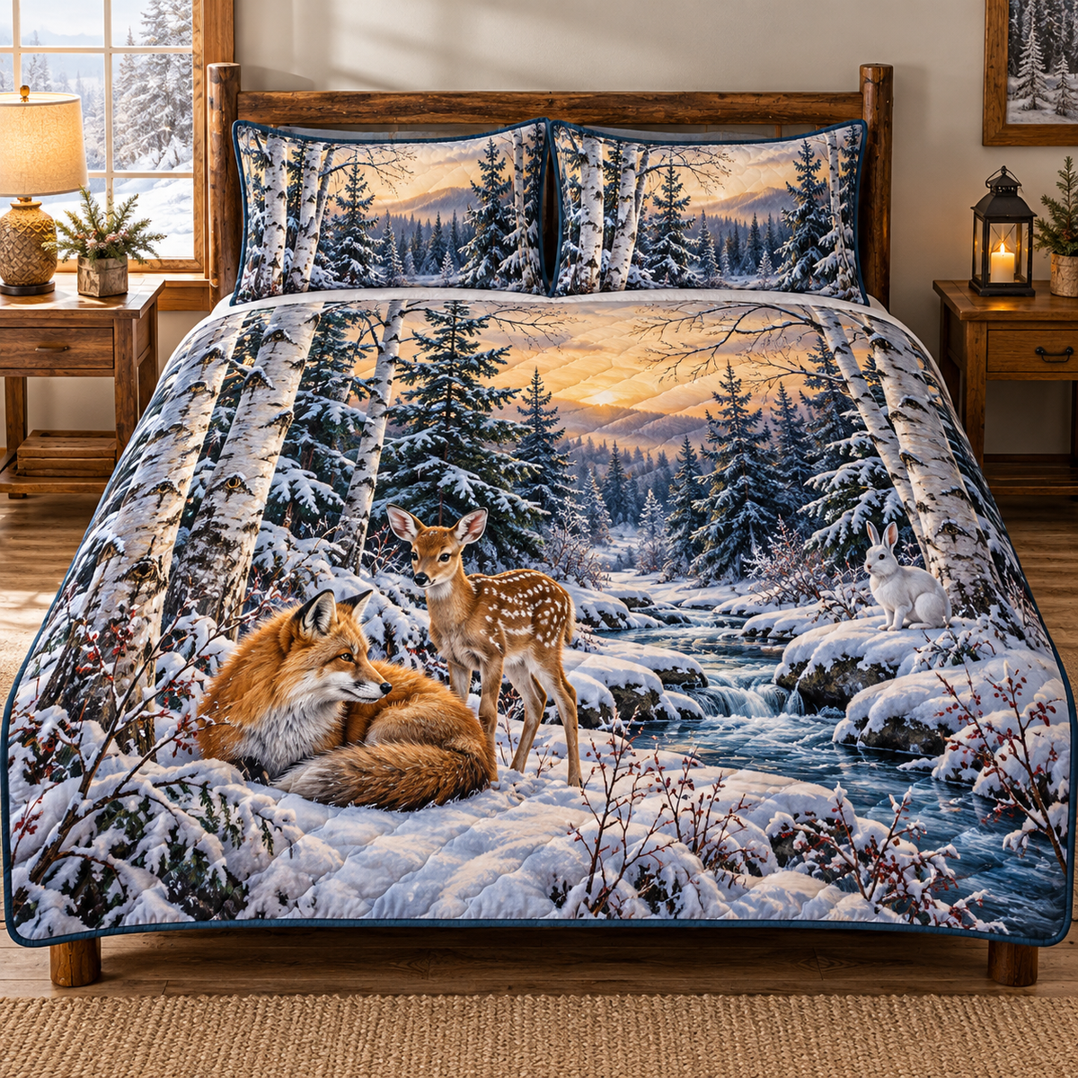 A red fox rests beside a spotted fawn and a white hare along a winding blue winter brook. Snowy silver birches, dark fir trees, berry branches and distant mountains recede toward an amber sky. Fine fur, bark, snow and overlapping forest layers create strong optical depth entirely within flat printed artwork. No real animals, snow, water, trees or raised scenic pieces are included. Room styling is not included.