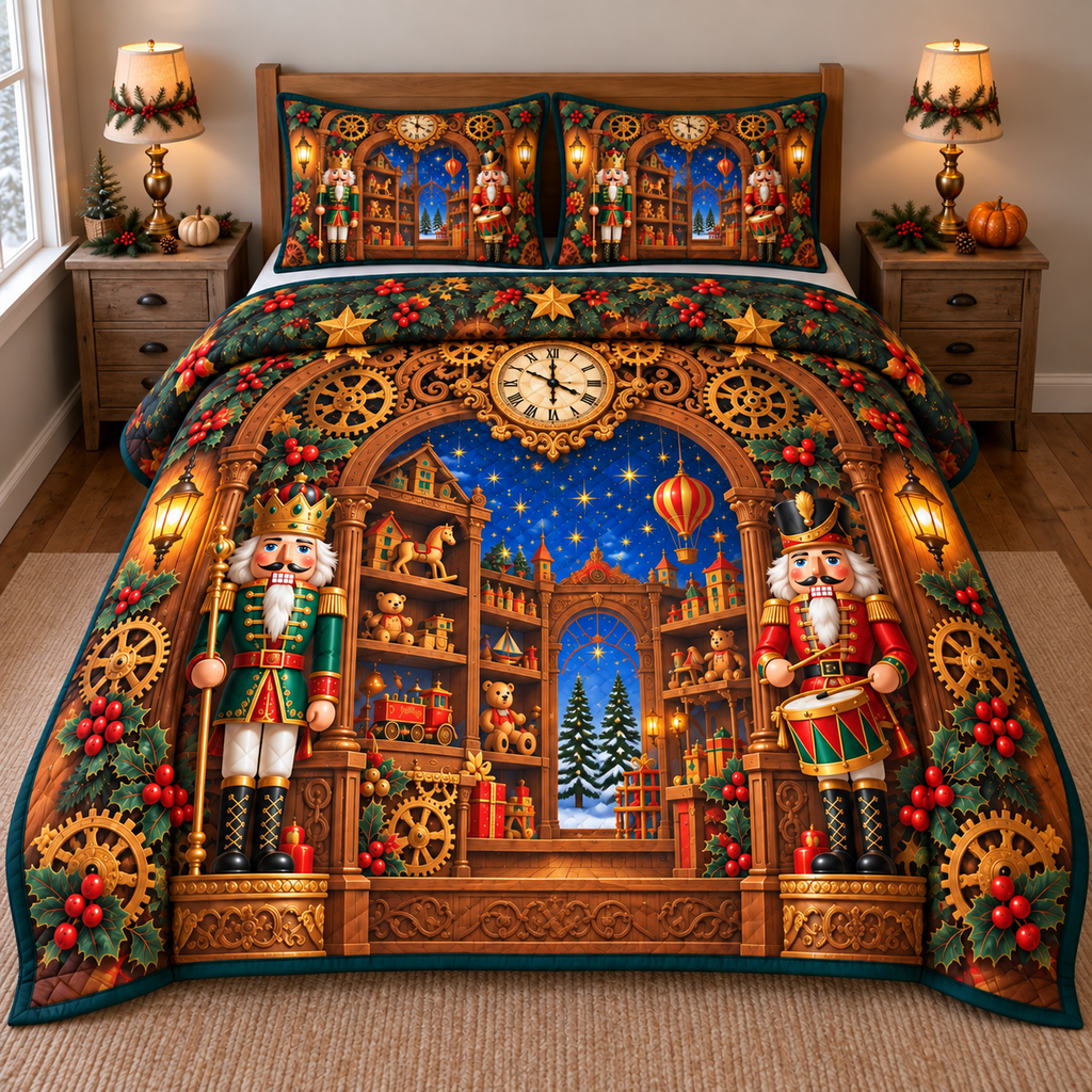 Nutcracker Clockwork Toyshop 3-Piece Quilted Bedding Set. Flat printed optical depth; one quilt and two shams.