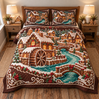 Gingerbread Watermill Village 3-Piece Quilted Bedding Set. Flat printed optical depth; room styling not included.
