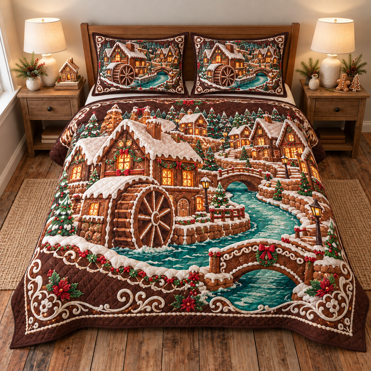 Gingerbread Watermill Village 3-Piece Quilted Bedding Set. Flat printed optical depth; room styling not included.