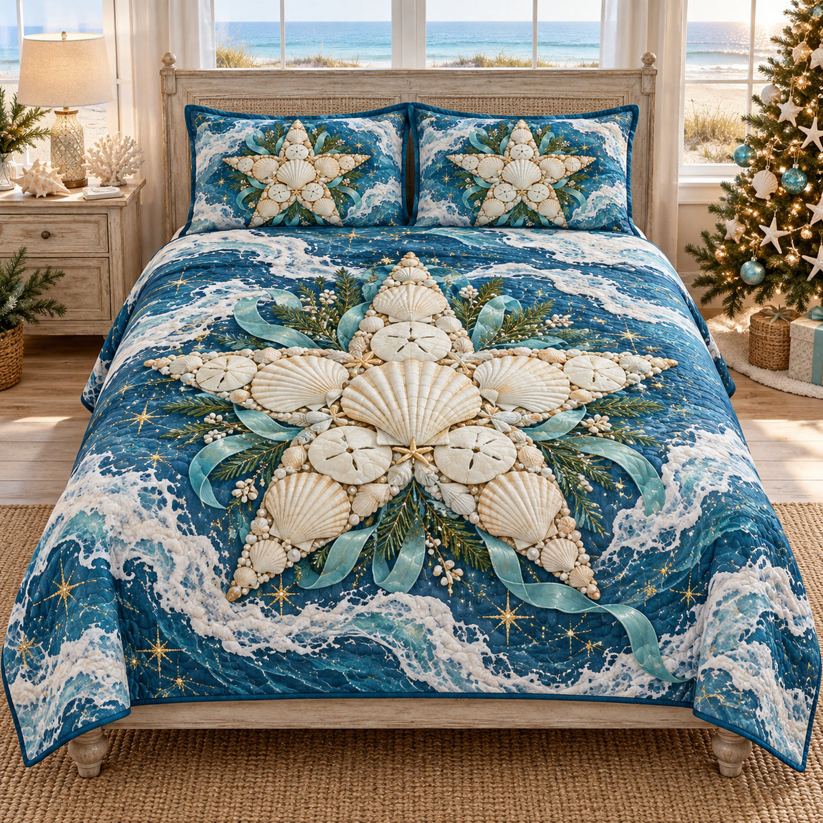 An ivory five-point star composed of scallop-shell and sand-dollar imagery rests amid sea-glass turquoise ribbon, evergreen sprigs and tiny gold-style sparkles. Broad white ocean-foam arcs sweep over a deep blue ground, with coordinated shell stars on the two shams. Fine shell ridges, overlapping shapes and consistent shaded edges create optical depth within flat printed artwork. No actual shells, sand dollars, ribbon, pearls, greenery, glitter or raised ornaments are attached. Room styling is not included.