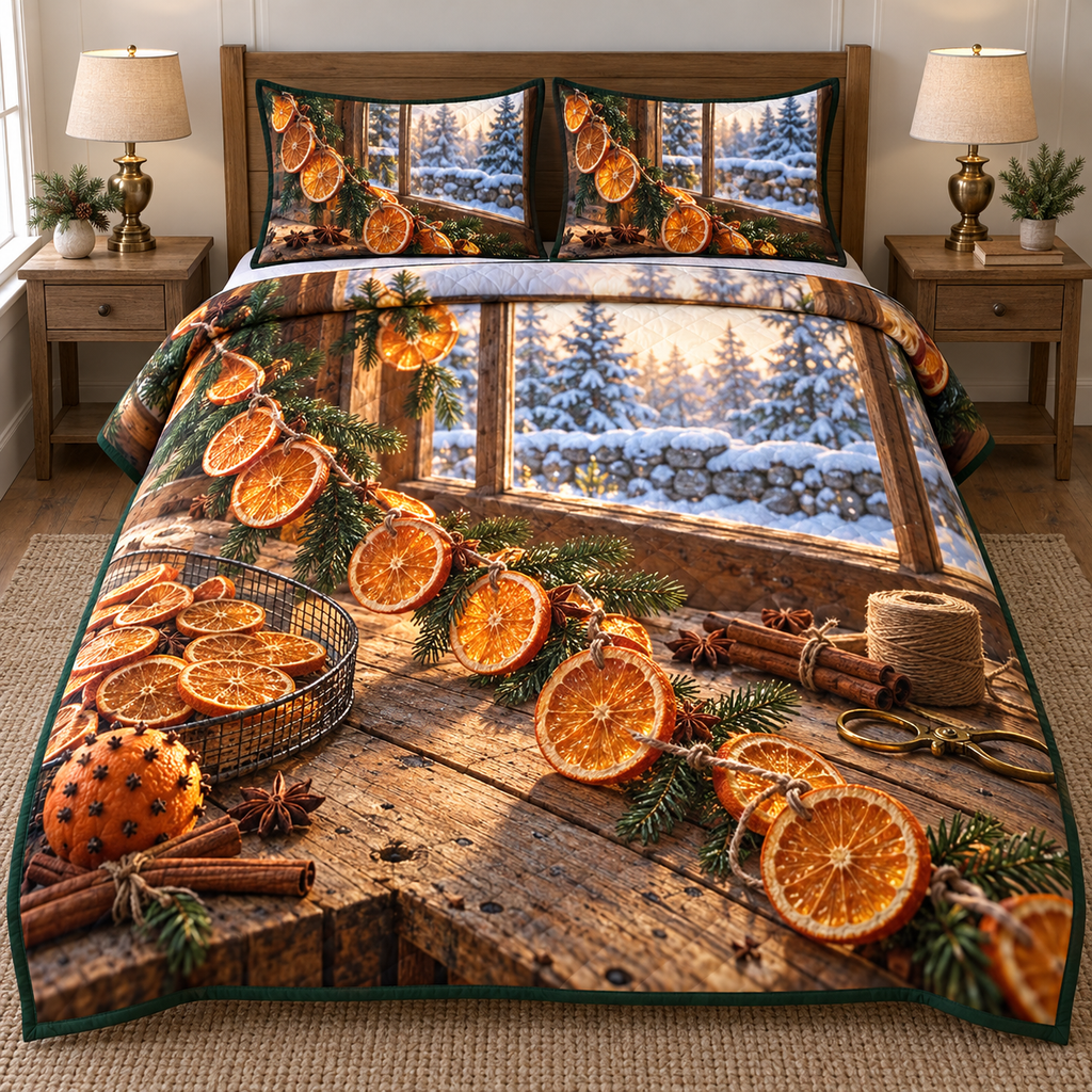 Orange Garland Winter Workbench Quilted Bedding Set. Flat printed dried-orange garland, wire citrus tray, spices and snowy casement workbench.