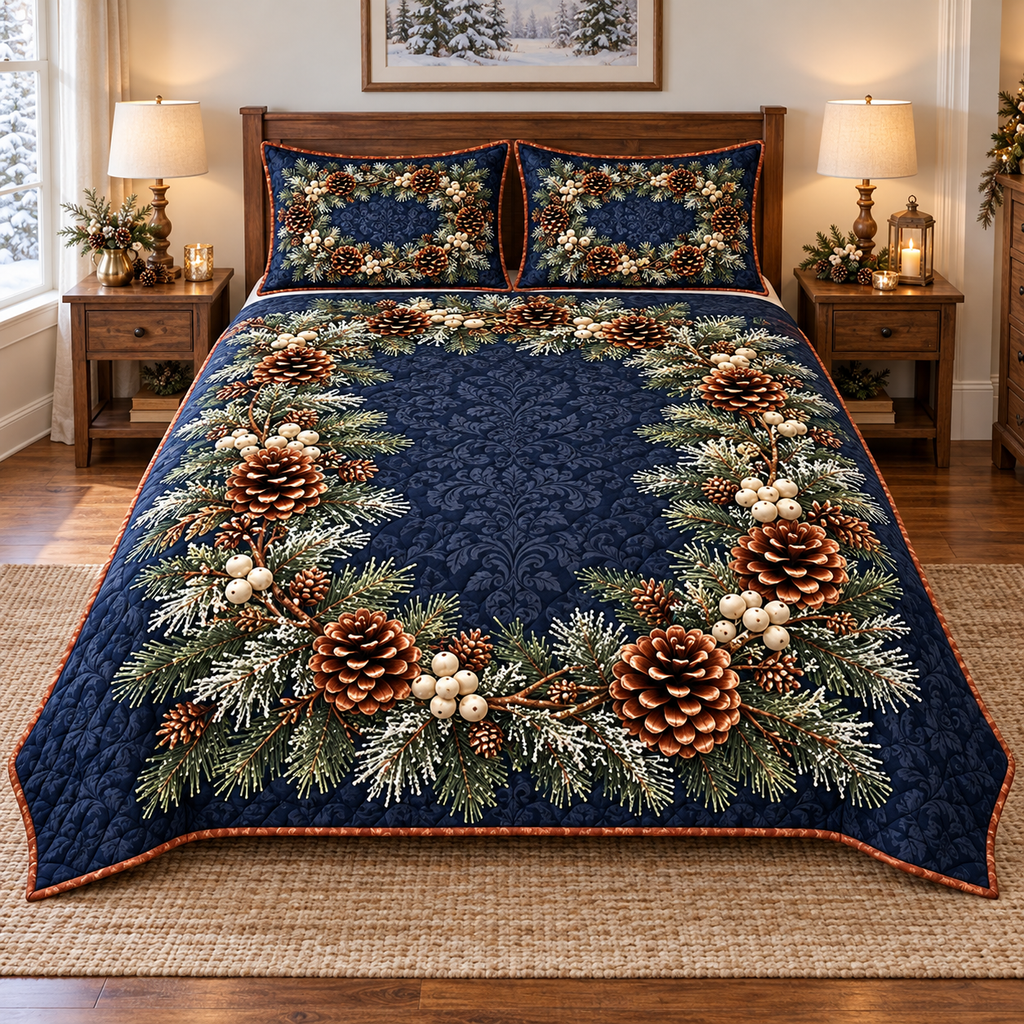 Pinecone Snowberry Wreath 3-Piece Quilted Bedding Set. Flat printed optical depth; room styling not included.