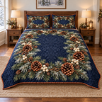 Pinecone Snowberry Wreath 3-Piece Quilted Bedding Set. Flat printed optical depth; room styling not included.