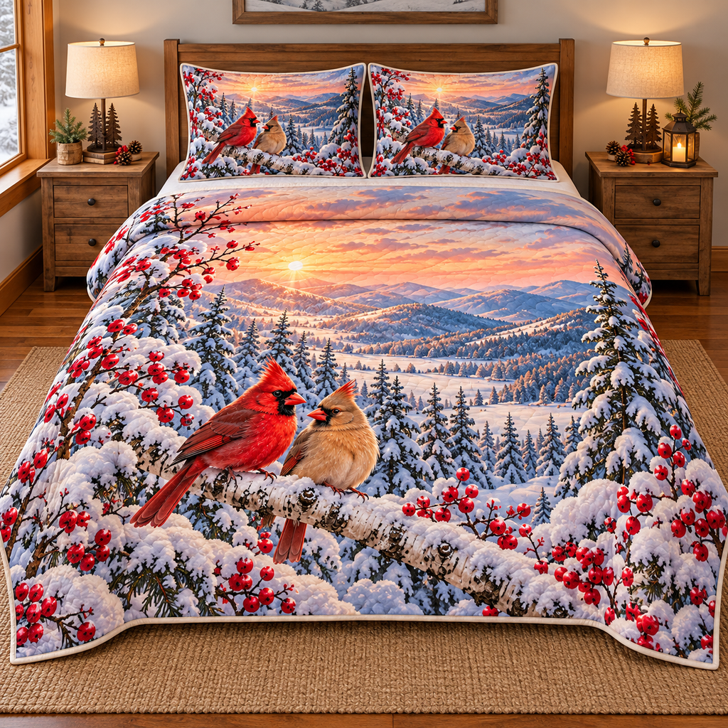 Cardinal Birch Valley 3-Piece Quilted Bedding Set. Flat printed optical depth; room styling not included.
