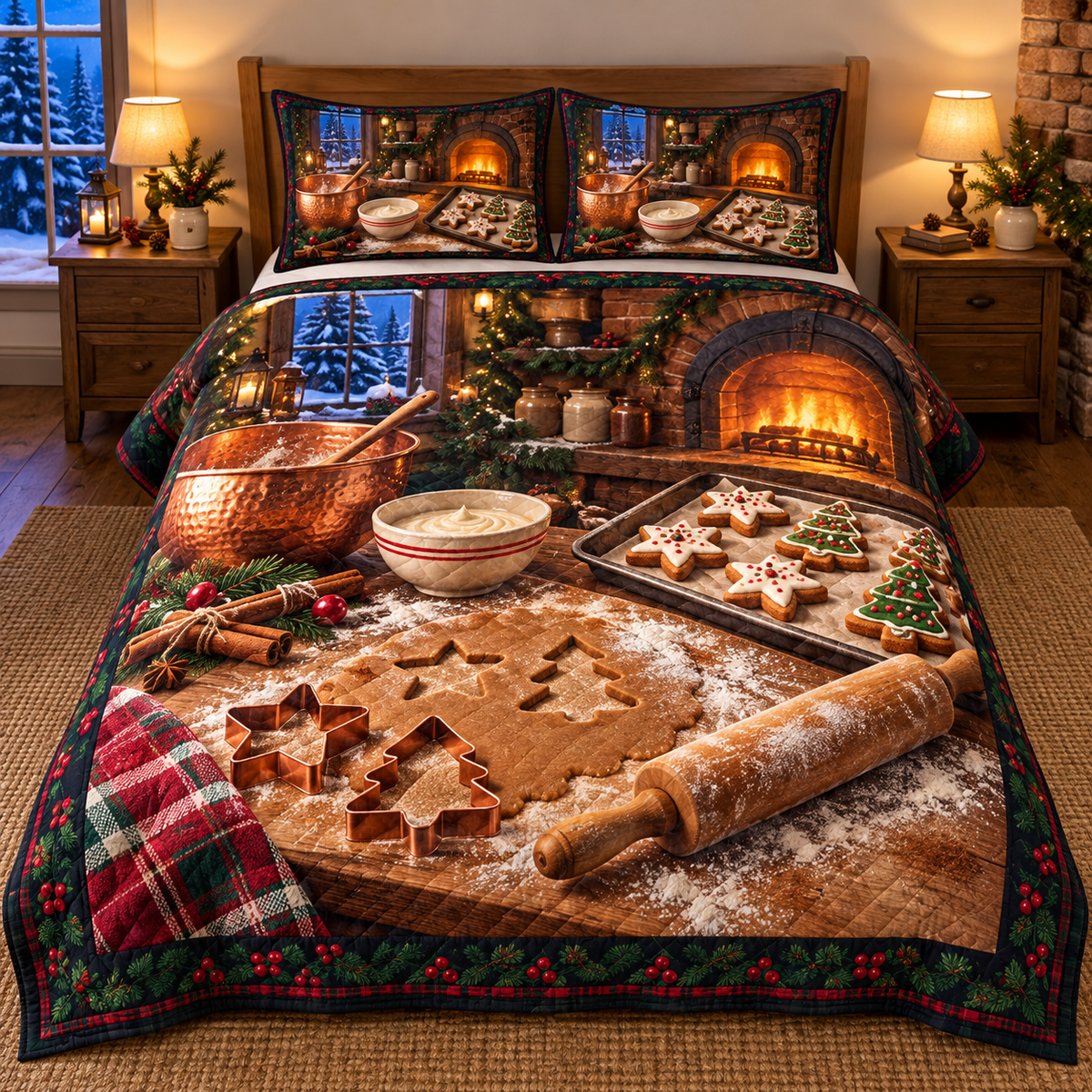 Copper Bowl Christmas Cookie Baking Quilted Bedding Set. Flat printed copper bowl, cookie dough and festive bakehouse workbench.