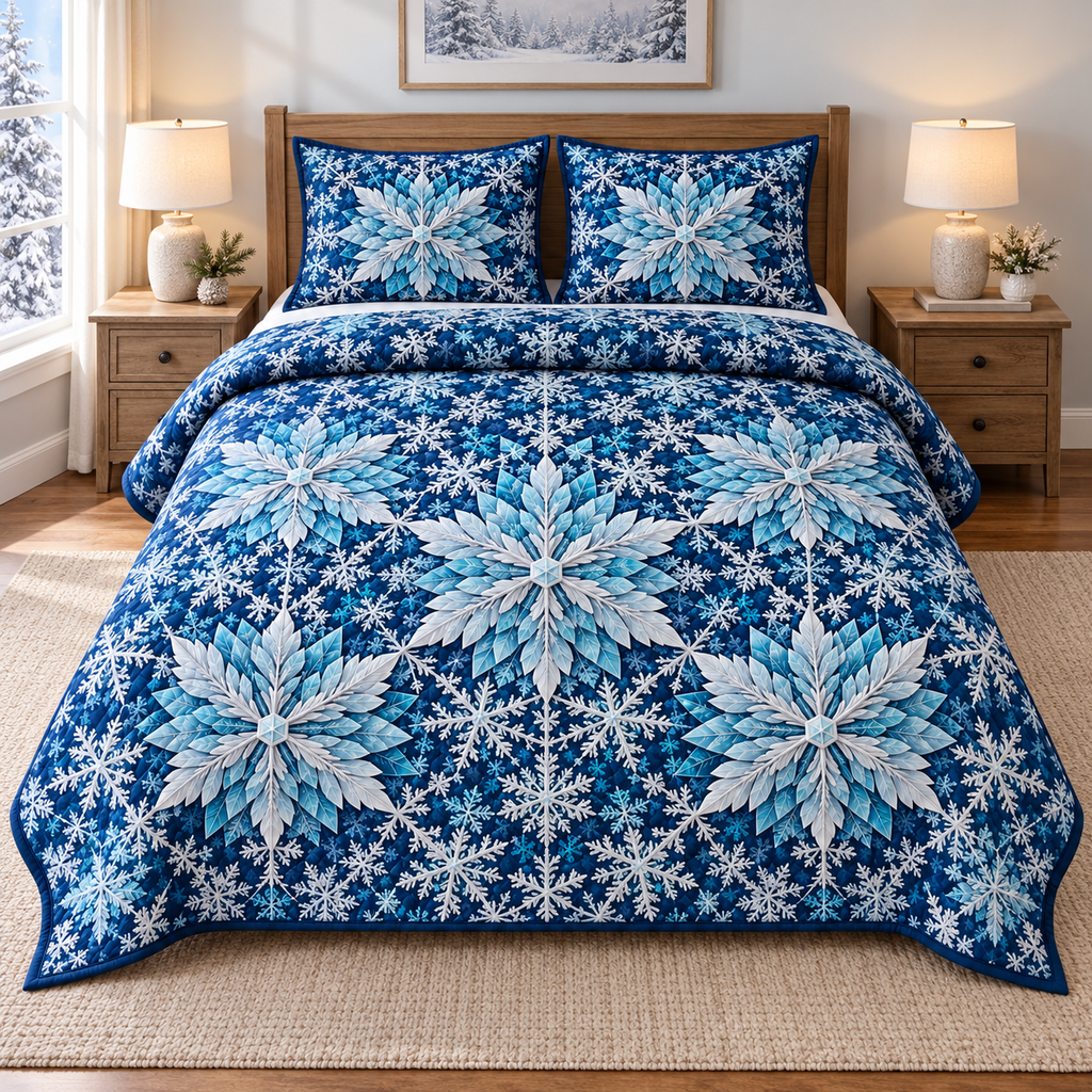 Crystal Snowflake Lattice 3-Piece Quilted Bedding Set. One quilt and two shams with flat printed icy rosettes and branching snowflakes.