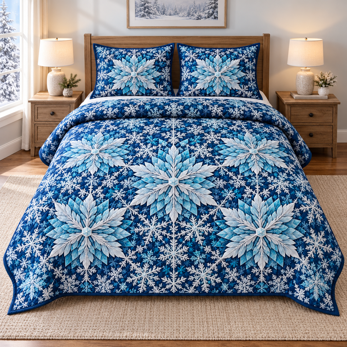 Crystal Snowflake Lattice 3-Piece Quilted Bedding Set. One quilt and two shams with flat printed icy rosettes and branching snowflakes.