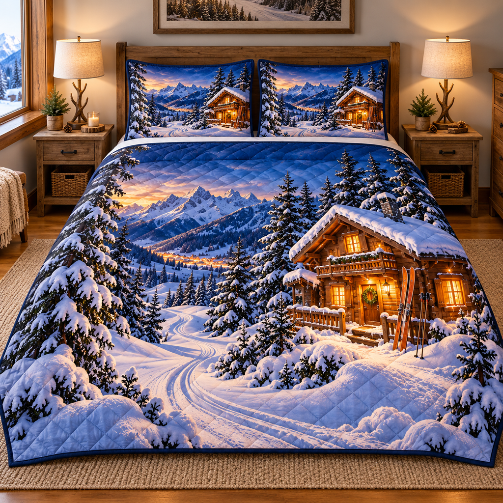 Alpine Ski Chalet Trail 3-Piece Quilted Bedding Set. Source-matched fabric construction with flat printed scenic depth.