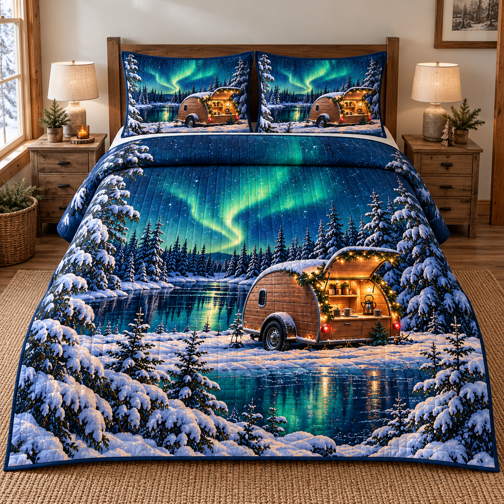 Aurora Teardrop Christmas Camper 3-Piece Quilted Bedding Set. Flat printed wooden camper and aurora lake scene.