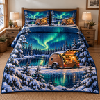 Aurora Teardrop Christmas Camper 3-Piece Quilted Bedding Set. Flat printed wooden camper and aurora lake scene.