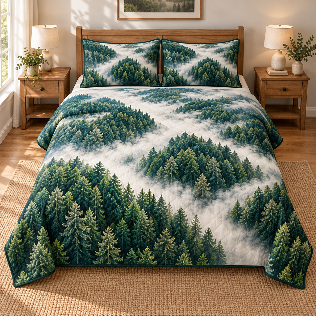 Evergreen Mist Canopy 3-Piece Quilted Bedding Set. Flat printed optical depth; one quilt and two shams.