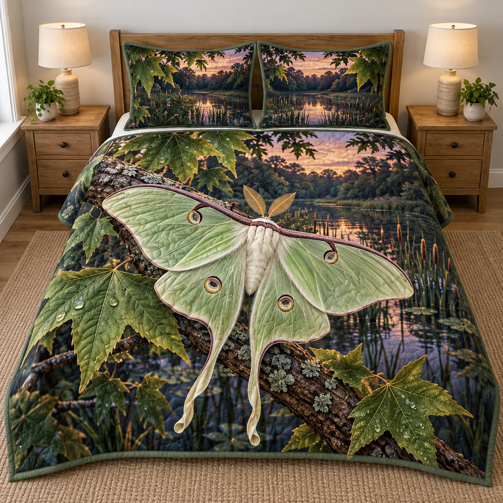 Luna Moth Sweetgum Pond Quilted Bedding Set. Flat printed single luna moth, diagonal sweetgum twig, veined leaves and quiet dusk reed pond.