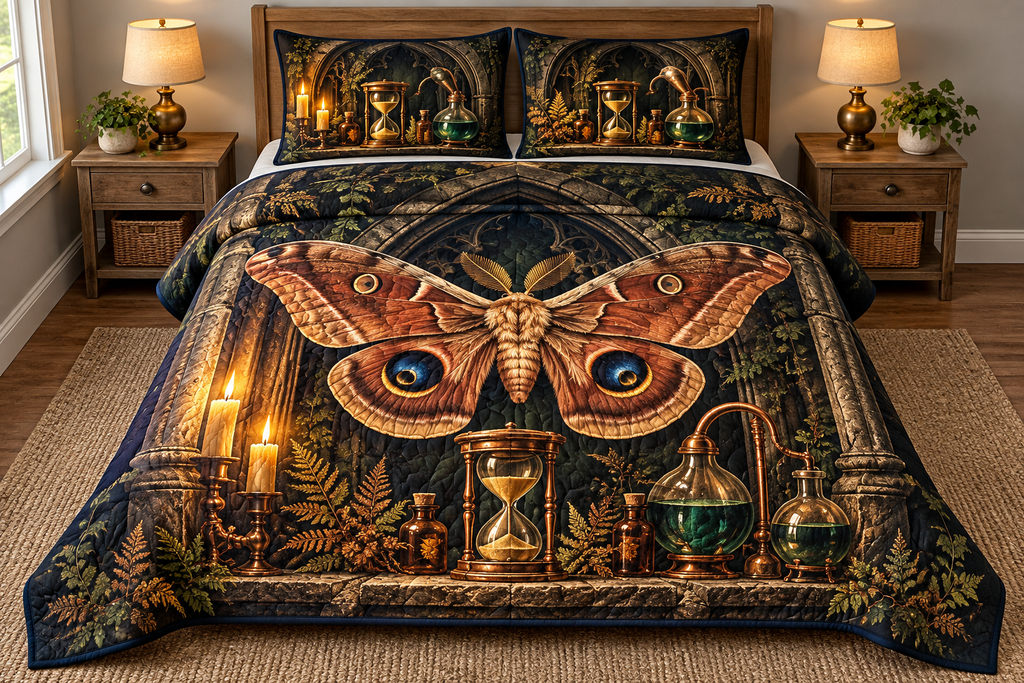 Polyphemus Moth Alchemist Hourglass Quilted Bedding Set with flat printed eyespotted moth, copper hourglass and layered Gothic laboratory.