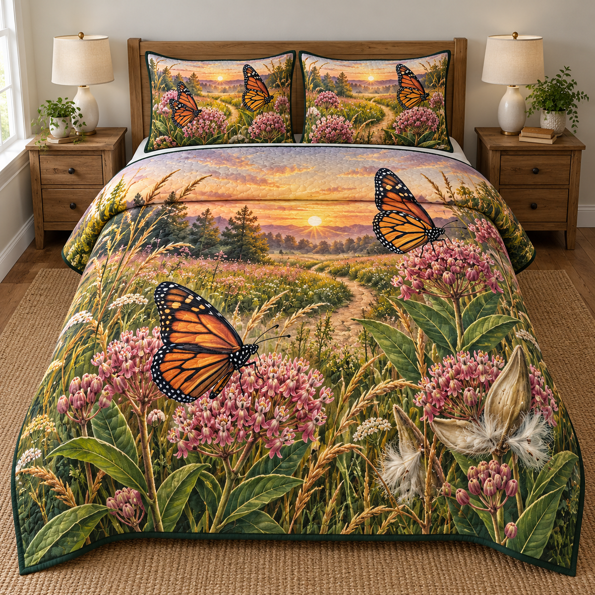 Monarch Milkweed Meadow 3-Piece Quilted Bedding Set. Flat printed optical depth; one quilt and two shams.
