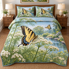 Swallowtail Fennel Stream 3-Piece Quilted Bedding Set. Flat printed optical depth; one quilt and two shams.