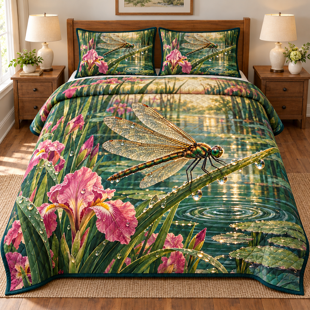 Dragonfly Dewdrop Pond 3-Piece Quilted Bedding Set. Flat printed optical depth; one quilt and two shams.