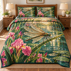 Dragonfly Dewdrop Pond 3-Piece Quilted Bedding Set. Flat printed optical depth; one quilt and two shams.