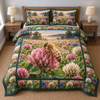 Honeybee Clover Dew Meadow Quilted Bedding Set. Flat printed honeybee on pink clover in a dew-lit meadow.